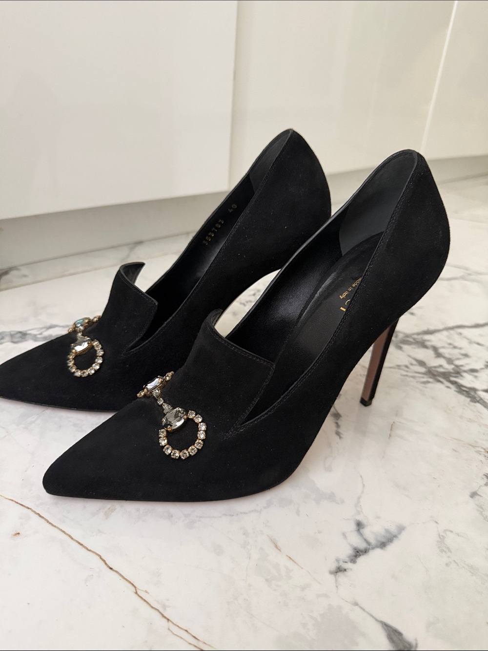 Gucci Black Suede Crystal Horsebit Pointed Toe Pumps